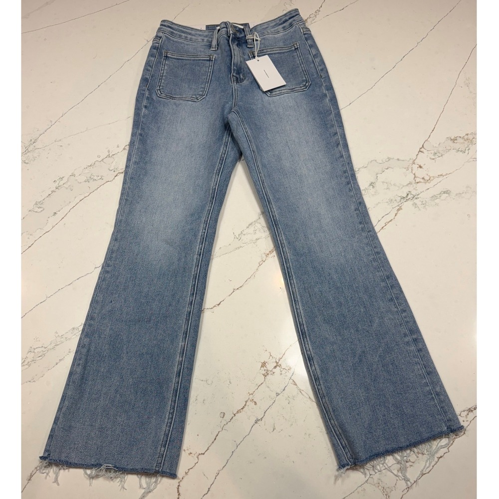 Vervet Blue Bella High-Rise Flare Jeans Light Wash Raw Hem Front Patch Pocket 28 - Picture 1 of 6